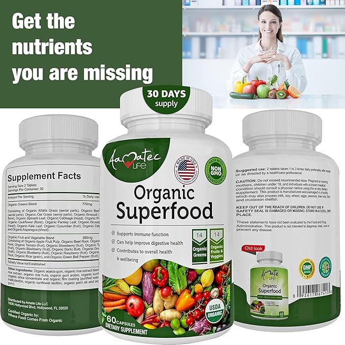 Organic Superfood Greens Fruits and Veggies Complex - Best Dietary Supplement with 14 Greens and 14 Fruits & Vegetables with Alfalfa & Antioxidant Organic Ingredients Non-GMO 240 Capsules