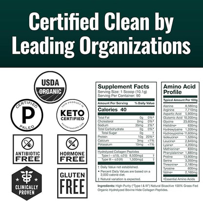 Natural Force Organic Clean Collagen Peptides Powder - USDA Certified Organic & Non-GMO, Keto & Paleo Certified - Hydrolyzed Type I & III Protein Powder with Essential Amino Acids – Unflavored, 32oz