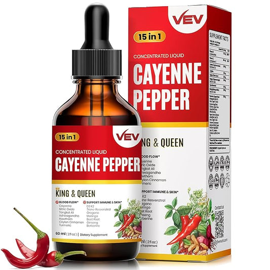 VEV 15-in-1 Cayenne Pepper Drops Supplement Liquid, with Vitamin D3 K2, L-Arginine, Resveratrol, Oregano, Moringa, Berberine, Hawthorn, Beet, Turmeric - Vegan, Non-GMO 2 fl oz