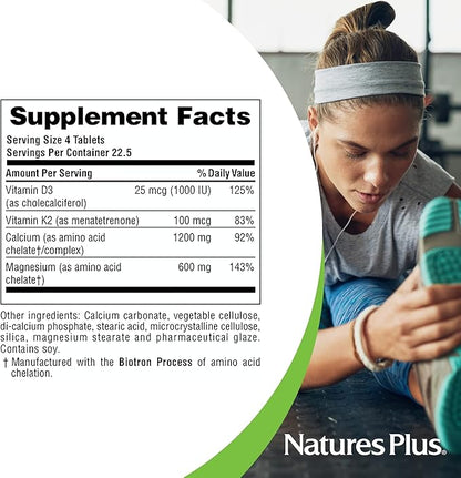 NaturesPlus Calcium/Magnesium/Vitamin D3 with Vitamin K2 - Supports Bone & Immune Health - Vegetarian, Gluten Free - 90 Tablets - 22.5 Servings