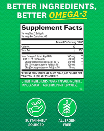 Zenwise Health Vegan Omega 3 Supplement for Women and Men from Marine Algae Oil with DHA & EPA - Plant Powered Fish Oil Alternative, Sustainably Sourced for Heart, Eye & Joint Health -120 CT