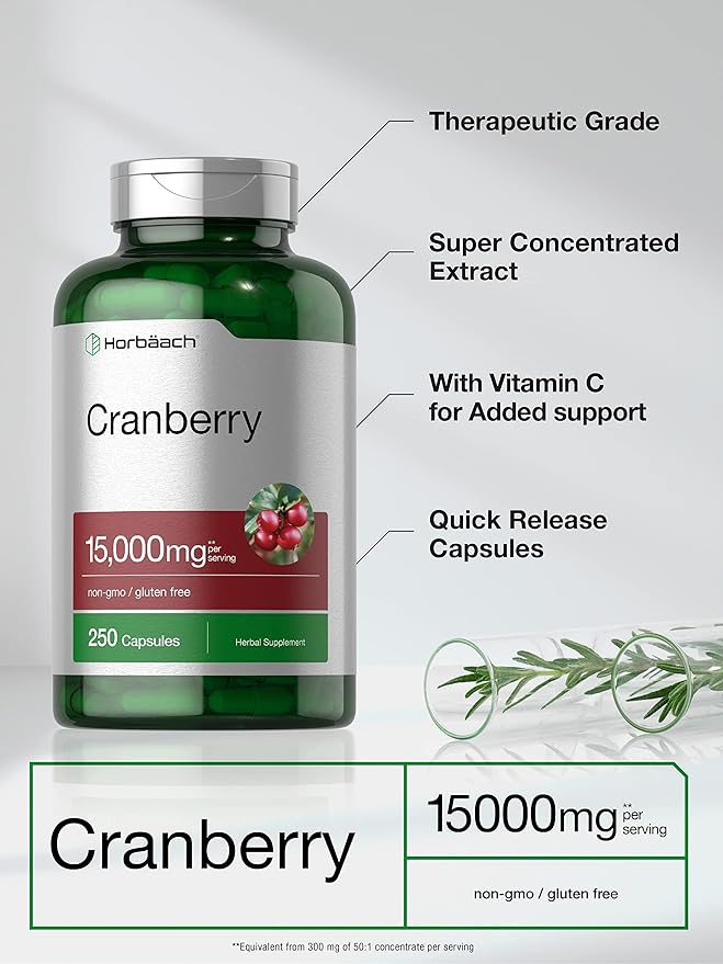Horbäach Cranberry Pills + Vitamin C | 15,000mg | 250 Capsules | Non-GMO and Gluten Free Supplement from Concentrate Extract