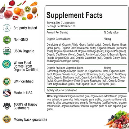 Organic Superfood Greens Fruits and Veggies Complex - Dietary Supplement with 14 Greens and 14 Fruits & Vegetables with Alfalfa Rich in Antioxidant Organic Ingredients Non-GMO 60 Capsules
