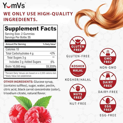 Biotin 10000 mcg Maximum Potency Gummies by YumVs | for Adults Women & Men | Hair, Skin & Nails Support | Natural Raspberry Flavor - 70 Count