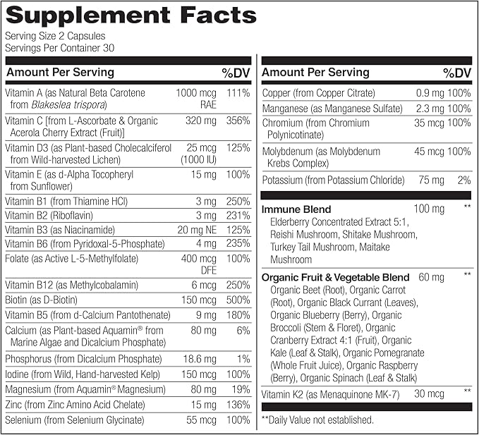NATURELO Whole Food Multivitamin + Immune Blend with Elderberry & Mushrooms - Complete Multivitamin with Extra Immune Support - C, D3, Zinc, Elderberry, Reishi, Shitake, 60 Vegan Capsules (Pack of 2)