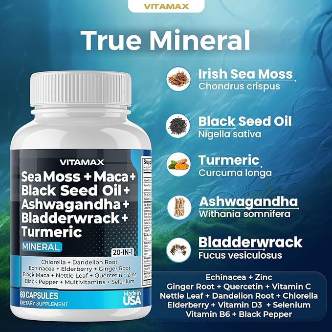 Sea Moss Maca Black Seed Oil Ashwagandha Bladderwrack Turmeric - Manuka Honey, Elderberry, Vitamin C & D3, Dandelion & Black Pepper - Non-GMO - Vegan - Made in USA - 60ct