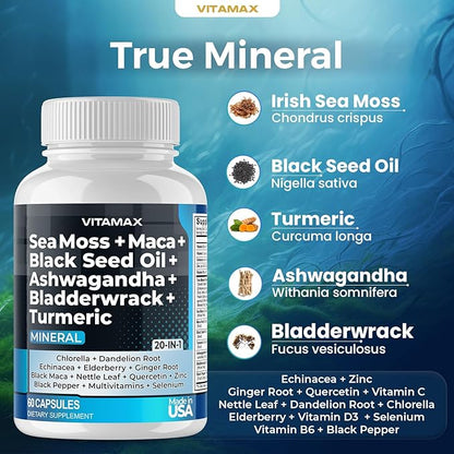 Sea Moss Maca Black Seed Oil Ashwagandha Bladderwrack Turmeric - Manuka Honey, Elderberry, Vitamin C & D3, Dandelion & Black Pepper - Non-GMO - Vegan - Made in USA - 60ct