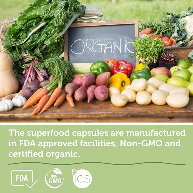 Organic Superfood Greens Fruits and Veggies Complex - Dietary Supplement with 14 Greens and 14 Fruits & Vegetables with Alfalfa Rich in Antioxidant Organic Ingredients Non-GMO 60 Capsules