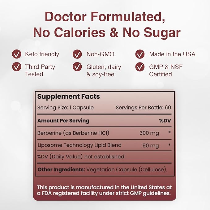 Liposomal Berberine Capsules - Ultra High Absorption Supplement – Supports Immune Function, Gut Health and Metabolic and Cardiovascular Health (60 Capsules)
