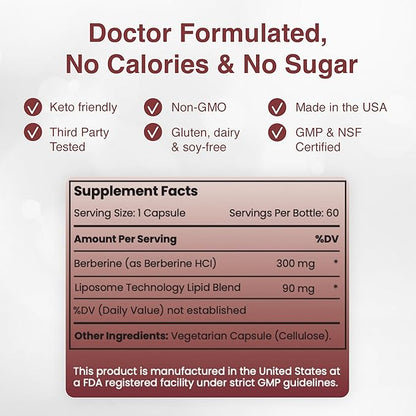 Liposomal Berberine Capsules - Ultra High Absorption Supplement – Supports Immune Function, Gut Health and Metabolic and Cardiovascular Health (60 Capsules)