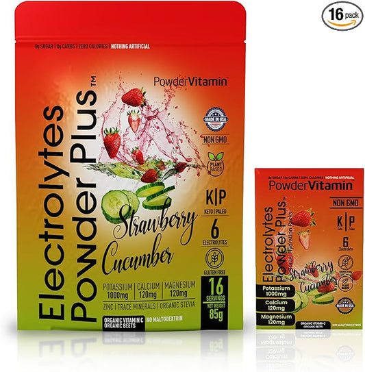 Electrolytes Powder Plus, Keto, Strawberry Cucumber, Sugar Free, Pink Himalayan Salt, 1000mg Potassium, 120mg Calcium, 120mg Magnesium, Non-GMO, Zero Calories, (16 Hydration Packets)