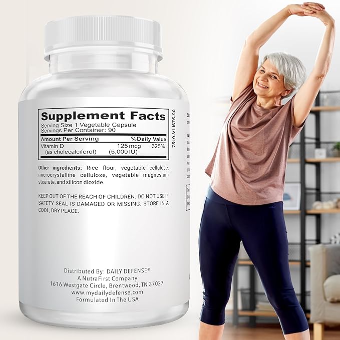 Immune Defense Supplements Vitamin D3 5000 IU for Heart Health, Daily Immune Support, Mental Clarity, & Muscle Function - 90 Vitamin D Supplements