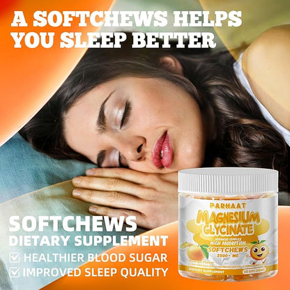 Magnesium Glycinate Soft Chews, Orange Flavor.Chewable Sugar Free Potassium Magnesium Chews with Magnesium Glycinate, Vitamin D, B6, and CoQ10 for Calm Support & Sleep for Adults, 60 Days Supply