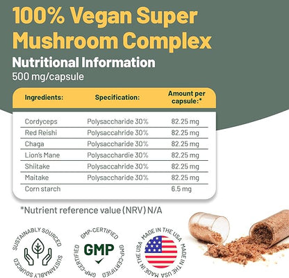 Vegan Vitality Multi Mushroom Supplement Complex - 120 Capsules with Reishi, Chaga, Shitake, Maitake, Lion's Mane and Cordyceps for Brain, Energy, Focus & Memory Support