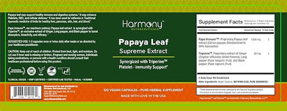 Harmony Nutraceuticals Papaya Leaf Supreme Extract Highest Potency Maximum Bioactivity Organic Dr. Gumman's Clinical Grade 120 Vegan Capsules Synergized with Triperine