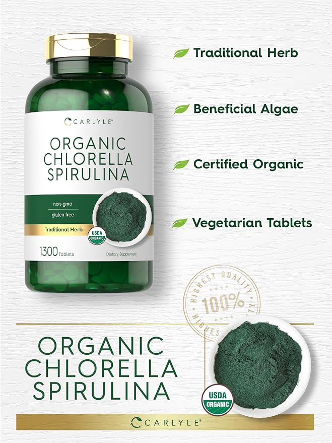 Carlyle Organic Chlorella Spirulina Tablets | 1300 Count | 50/50 Blend | Non-GMO and Gluten Free Supplement