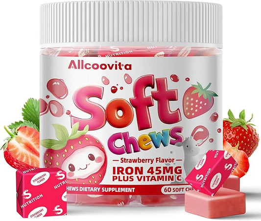 Iron Soft Chew Supplement with Vitamin C | Strawberry Flavored | Gluten Free | Iron Supplement for Women Men and Kids | 60 Count | 2 Month Supply
