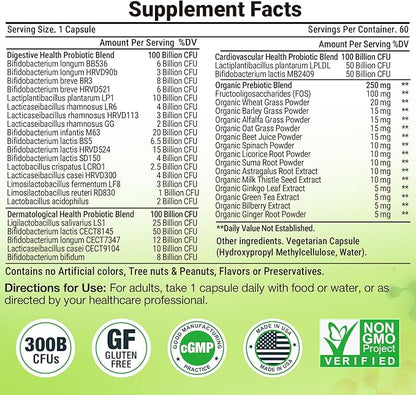 Probiotics for Women Men- 300 Billion CFU, 24 Strains Probiotic+15 Organic Herbs Prebiotics Blend, Pre and Probiotics, for Digestive Health, Immune & Gut, Diarrhea, Bloating, Vegan, 2 Month Supply