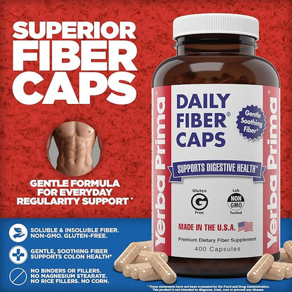 Yerba Prima Daily Fiber Caps Formula 400 Capsules (Pack of 2) - Both Soluble/Insoluble Fiber with Psyllium Seed Husks, Acacia Gum, Apple Fiber Supplement