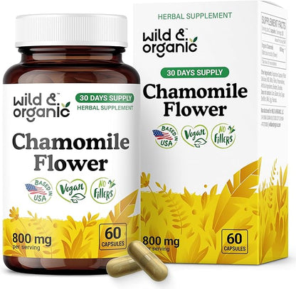 Wild & Organic Chamomile Capsules 800 mg - Relaxation & Digestive Support - Herb Chamomile Extract Supplement - Matricaria Recutita Flower - Vegan, No Fillers, Non-GMO - 60 Count