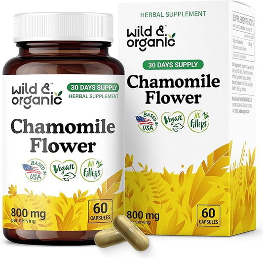 Wild & Organic Chamomile Capsules 800 mg - Relaxation & Digestive Support - Herb Chamomile Extract Supplement - Matricaria Recutita Flower - Vegan, No Fillers, Non-GMO - 60 Count