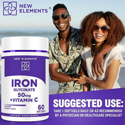 Iron Glycinate 50mg with Vitamin C | Advanced Iron Supplement for Anemia Relief, Immune Boost & Energy Support | Gentle on Stomach, Fast Absorption | Non-GMO, Gluten-Free Softgels for Women & Men