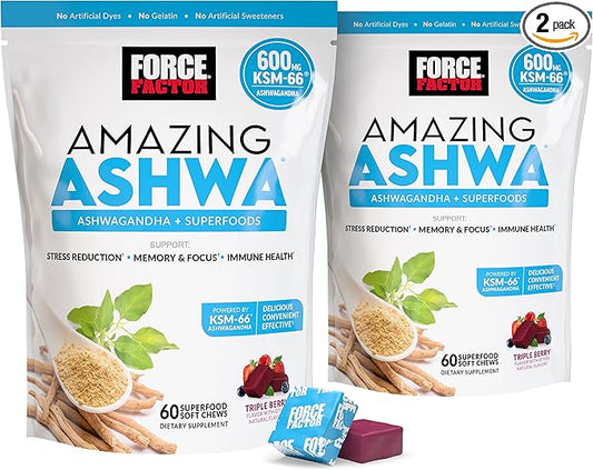 FORCE FACTOR Amazing Ashwa for Stress Relief, Memory, Focus, and Immune Support Health, Ashwaganda Supplement with KSM-66 Ashwagandha for Stress, 120 Soft Chews