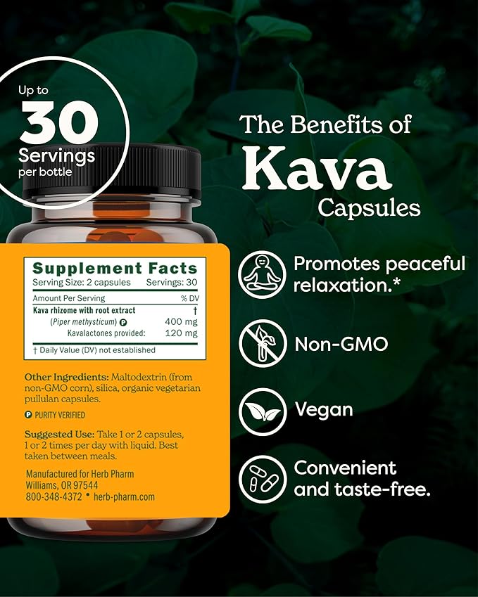 Herb Pharm Kava Root Extract to Reduce Stress and Promote Relaxation - 60 Vegetarian Capsules