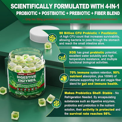 Neviss Digestive Enzymes Gummies Plus 90 Billion CFU Probiotics & Prebiotics & Postbiotic and Fiber for Women and Men, Daily Multi-Enzymes for Digestive Health, Regularity Gut, Immune,Sugar Free 60Cts