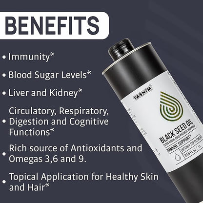 Tasnim Black Seed Oil (35.27 fl oz) | Cold Pressed for Immune Support (21% Thymoquinone) | Skin & Hair