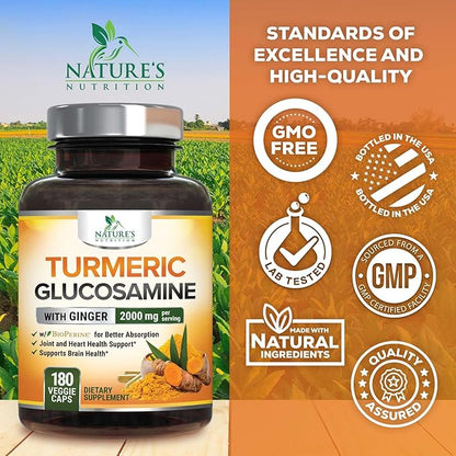 Turmeric Curcumin Supplement 2000mg with Glucosamine Chondroitin & Ginger, 95% Curcuminoids, BioPerine Black Pepper for Best Absorption, Nature's Joint Support, Non-GMO, Bottled in USA - 180 Capsules