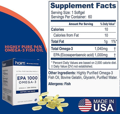 Haim EPA1000 – High-Potency EPA Fish Oil Supplement – 1,100mg Omega-3 for Heart, Brain & Joint Health – Pharmaceutical-Grade Softgels – Pure, Burpless Capsules – 60 Softgels – Made in USA