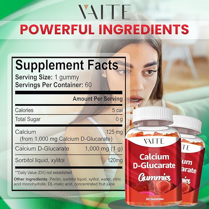 Calcium D-Glucarate Gummies 1000mg - CDG Cleanse Supplement for Men and Women, Hormone Metabolism Balance & Menopause Supports, Non-GMO, Vegan, Gluten Free, Soy Free Supplements, 60 Gummy Chewables