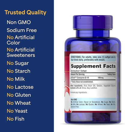 Puritan's Pride Q-Sorb CoQ-10 100mg | Supports Heart Health | Dietary Supplement | Healthy Supplement | Energy Supplement | Gluten Free | 240 Rapid Release Softgels