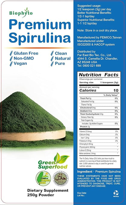 Spirulina Powder 250g - 83 Days Supply, Enriched Vitamins, B12 - Green Superfood, Vegan, Non-GMO, Gluten-Free, Non-Irradiated - Boosts Energy, Supports Immunity.