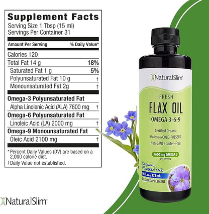 NaturalSlim Flax Oil - Flaxseed Oil Liquid Supplement with Omega 3 6 9 - Cold-Pressed Certified Organic Flax Seed Oil for Hair, Skin, Nails, Healthy Cells & Vegetable Oil for Cooking - 16 fl. Oz.