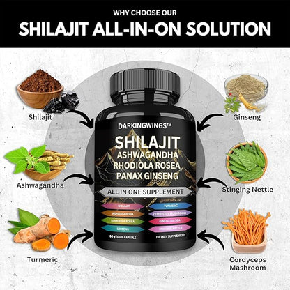8-in-1 Shilajit 9000 Panax Ginseng 1500MG Ashwagandha 2000MG Rhodiola Rosea 1000MG, Turmeric 500MG, Gingko Biloba 500mg, Stinging Nettle 250MG, Cordyceps Mushroom 500mg for Full Body Power