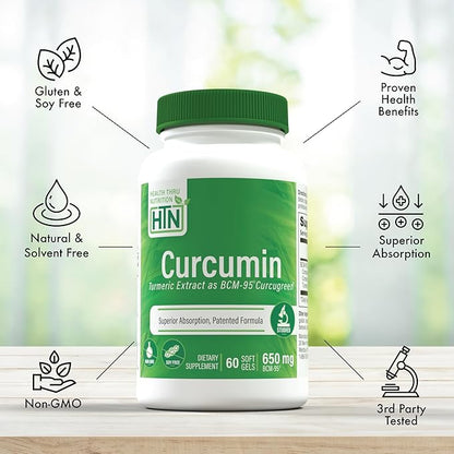 Health Thru Nutrition Curcumin 650mg BCM-95 Curcugreen | Turmeric Curcumin Complex | High Absorption | Healthy Inflammation Response | Clinically Studied | 3rd Party Tested | Non-GMO (Pack of 60)