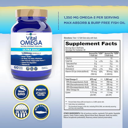 Vital Planet - Vital Omega 3 Fish Oil Ultra Daily Supplement with 1350mg of 2X Strength High Potency Cold Water Wild Caught Omega 3 Fatty Acid Supplements EPA DHA and DPA for Heart Health 60 Softgels