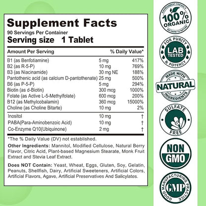 Sugar Free Vitamin B Complex with Methyl B12, MethylFolate, B6, B1, B2, B3, Fast Dissolve Highly Bioavailable Methylated B Complex Supplement for Energy Levels, Neural System, Vegan,180 Tablets