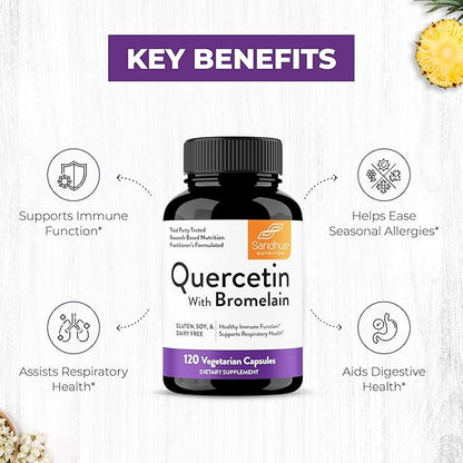 Sandhu's Quercetin with Bromelain Supplement - 1000mg Per Serving 120 Vegetarian Capsules (Pack of 3) - Bioflavonoids Quercitin Complex for Immune Support & Respiratory Health