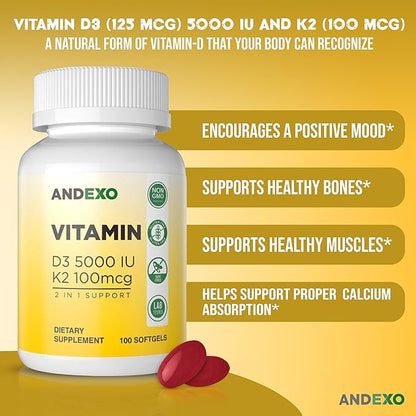 Vitamin D3 5000 IU with K2 100 mcg, 100 Soft-Gels for Healthy Muscle Function, 2 in 1 Support Immune, Optimal Calcium Absorption. Non-GMO, Gluten-Free, Soy-Free, Dairy-Free.