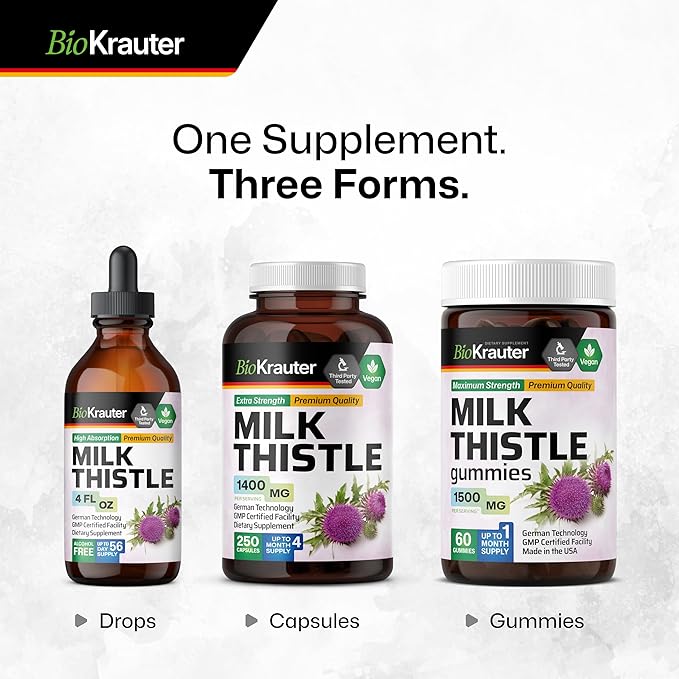 BIO KRAUTER Milk Thistle Capsules 1400 mg - 250 Count - Liver Detox & Cleanse Supplement - Vegan Silymarin Capsules - Milk Thistle Powder - Non GMO