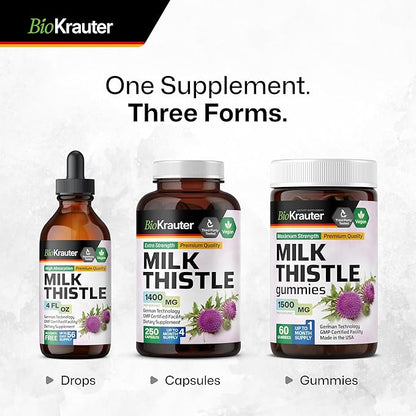 BIO KRAUTER Milk Thistle Capsules 1400 mg - 250 Count - Liver Detox & Cleanse Supplement - Vegan Silymarin Capsules - Milk Thistle Powder - Non GMO