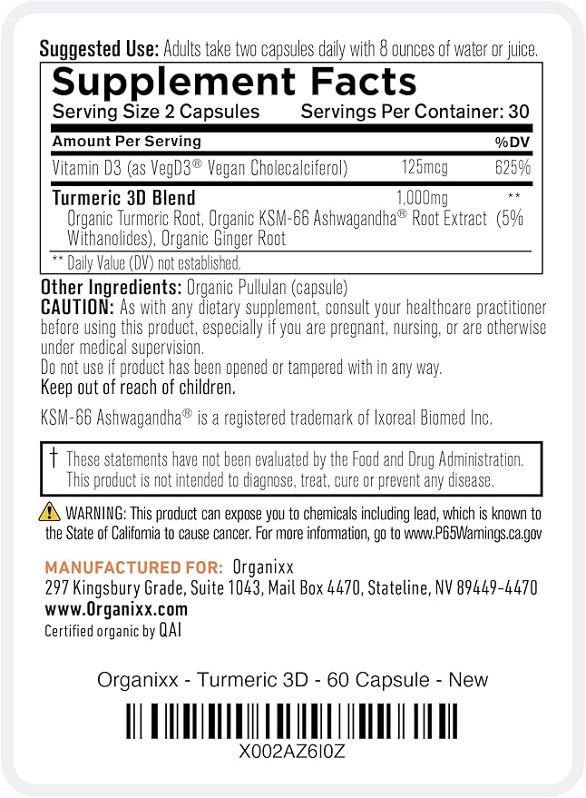 Organixx USDA Organic Turmeric Curcumin Supplement with Ashwagandha, Vitamin D, Turmeric & Ginger – Immune & Joint Support, Fermented for Maximum Bioavailability, 60 Vegetarian Capsules