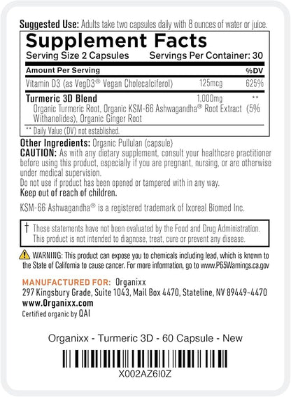 Organixx USDA Organic Turmeric Curcumin Supplement with Ashwagandha, Vitamin D, Turmeric & Ginger – Immune & Joint Support, Fermented for Maximum Bioavailability, 60 Vegetarian Capsules