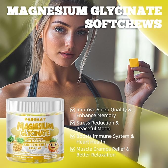 Magnesium Glycinate Soft Chews, Pineapple Flavor.Chewable Sugar Free Potassium Magnesium Chews with Magnesium Glycinate, Vitamin D, B6, and CoQ10 for Calm Support & Sleep for Adults, 60 Days Supply
