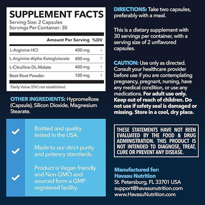 L-Arginine Capsules Nitric Oxide Supplement for Men with L-Citrulline - 1200mg L Arginine and L Citrulline Blend - Non-GMO Veggie Capsule for Performance, Endurance and Muscle - 1 Month Supply
