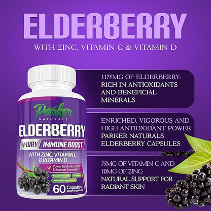 Organic Elderberry Capsules, 4-Way Immune Boost, Vitamins C, D, and Zinc Support, 1260.1 mg Elderberry Supplements for Adults, 60 Capsules