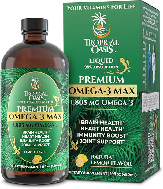 Tropical Oasis Premium Omega-3 Max Fish Oil Liquid Supplement - Natural Lemon Flavor - 1805mg Omega 3 Per Serving, EPA & DHA - 96 Servings, 16.1 Fl Oz